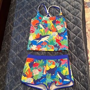 NWOT Kids Boden Multi Rainbow Reef Swim shorts and Tankini top